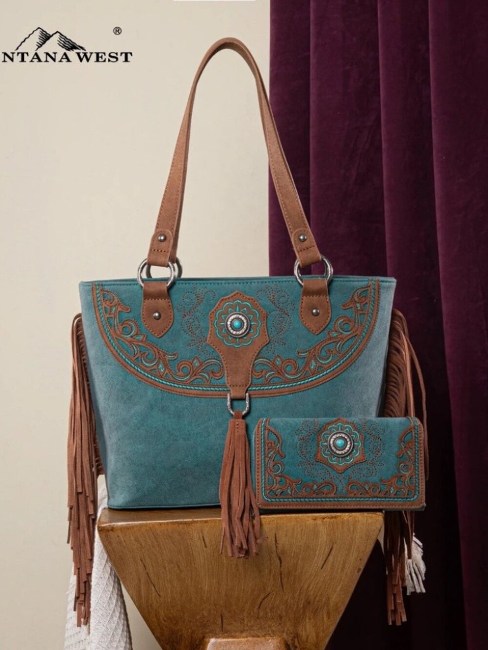 Montana West Embroidered Concealed Carry Tote with Wallet Set Turquoise NWT